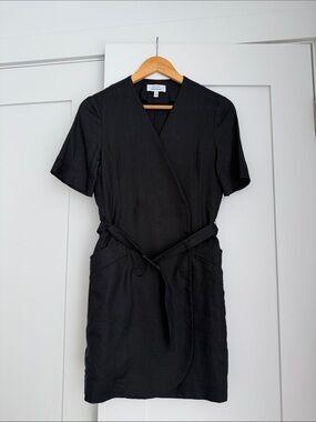 And other stories Black Short-Sleeve Linen Wrap Dress with Self-Tie Waist